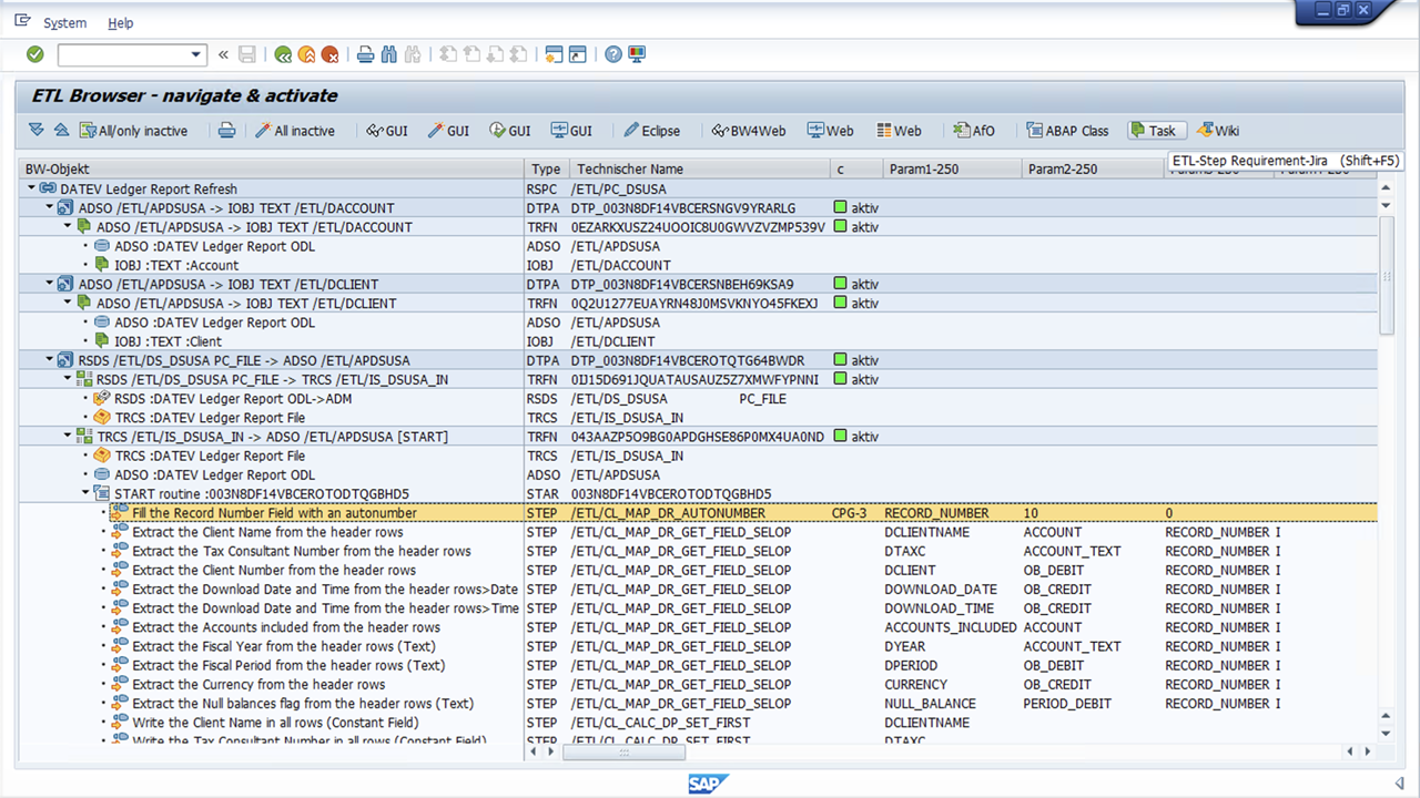 ETL Browser mit aufgelöster SAP BW/4HANA Prozesskette und zugehörigen ETL-Schritten